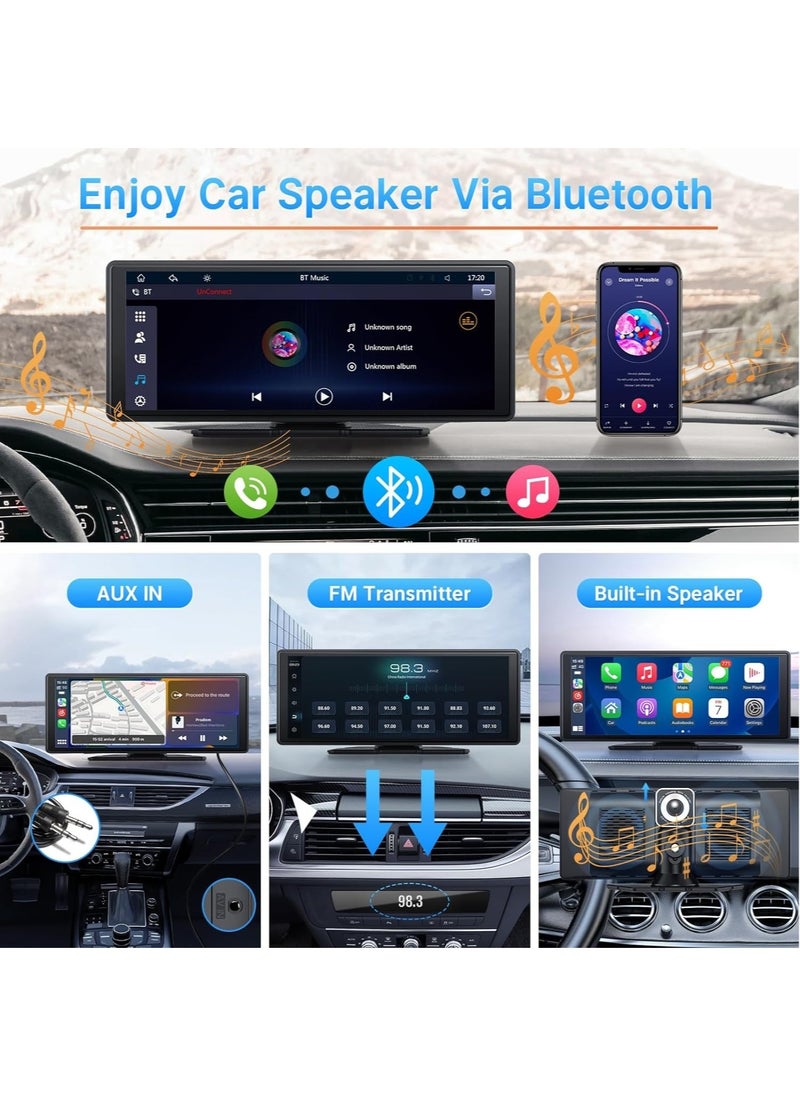 MSMR - 10.25" Portable Wireless Carplay & Android Auto with Backup 12LED Camera, Portable Car Stereo Radio with Bluetooth 5.0, Car Play Touchscreen, Calling, AUX/FM Transmitter(with 64G Card) - Image 1