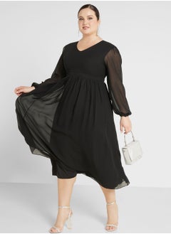 Mesh Sleeve Fit & Flare Dress