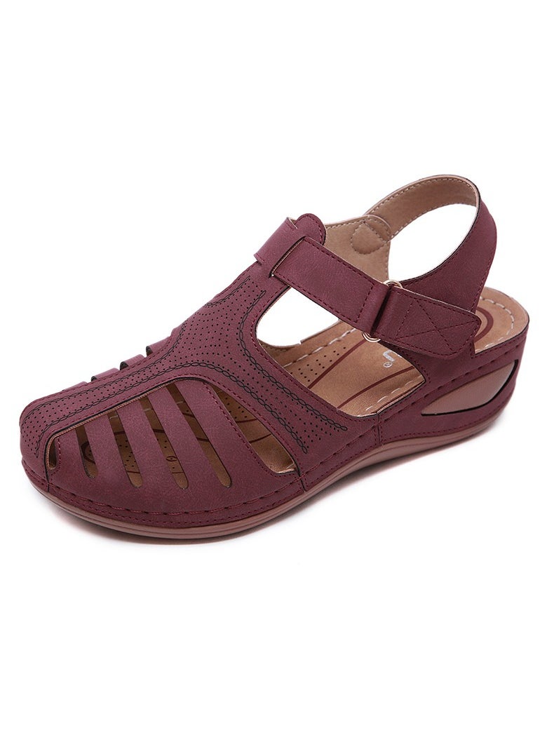 SIKETU Summer Hollow Out Retro Wedge Sandals Wine Red  - Image 1