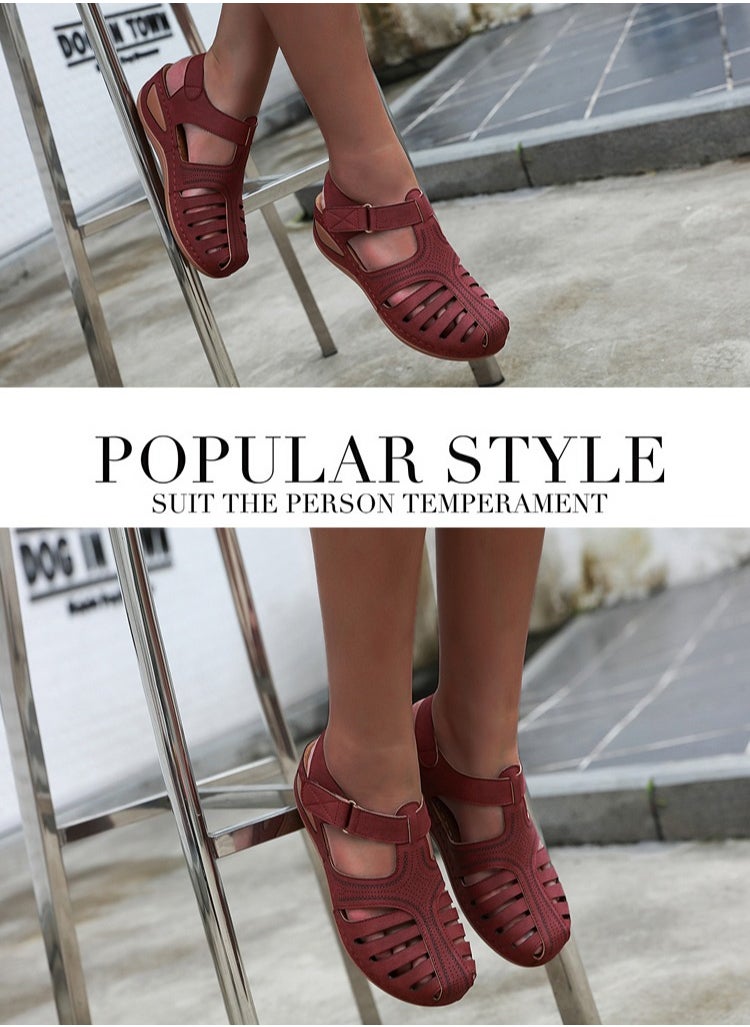 SIKETU Summer Hollow Out Retro Wedge Sandals Wine Red  - Image 3