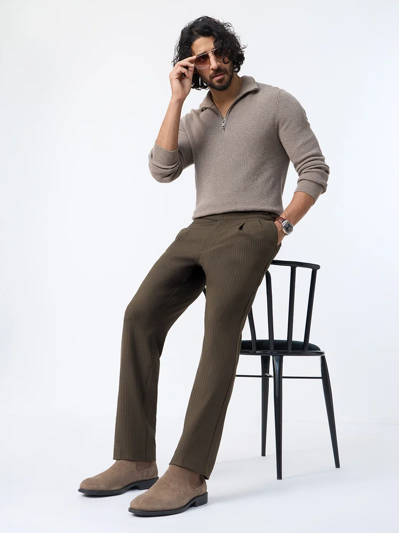 The Souled Store: Gurkha Pants Men and Boys Pecan Brown Pinstriped Poly-Viscose Blend Straight Fit Adjustable Waist 4-Way Stretch Wrinkle Resistant Trousers
