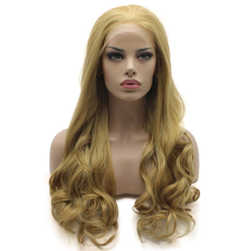 Lushy Lushy Wavy Long Four Tone Blonde Mix Wig Half Hand Tied Heat Friendly Synthetic Lace Front Wig 