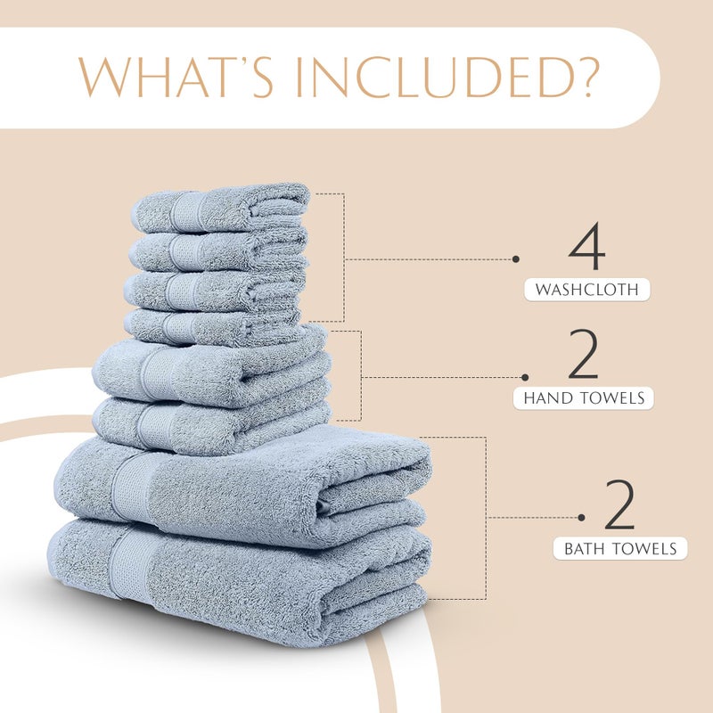 MAURA Light Blue Bath Towel Set of 8 for Bathroom. Turkish Cotton Luxury Bath Towels. Extra Large, Thick, Plush & Soft. Hotel & Spa Quality - Serenity Blue - Image 2