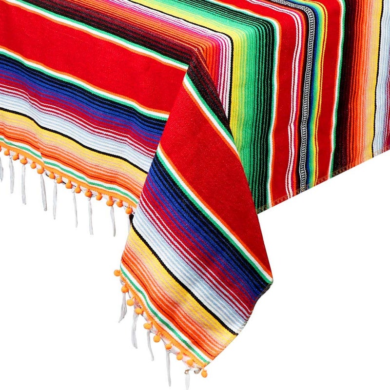 OurWarm 59 x 84 Inch Mexican Blanket Striped Tablecloth for Mexican Party Decorations Large Square Cotton Mexican Serape Blanket Outdoor Table Cover Table Cloth