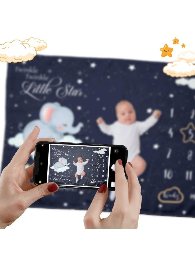 Pavo Baby Monthly Milestone Blanket for Boy Girl - Sleeping Elephant Twinkle Little Star - Elephant Baby Stuff - Premium Shower Gifts for Newborn Essential - 60"x40" - Image 3