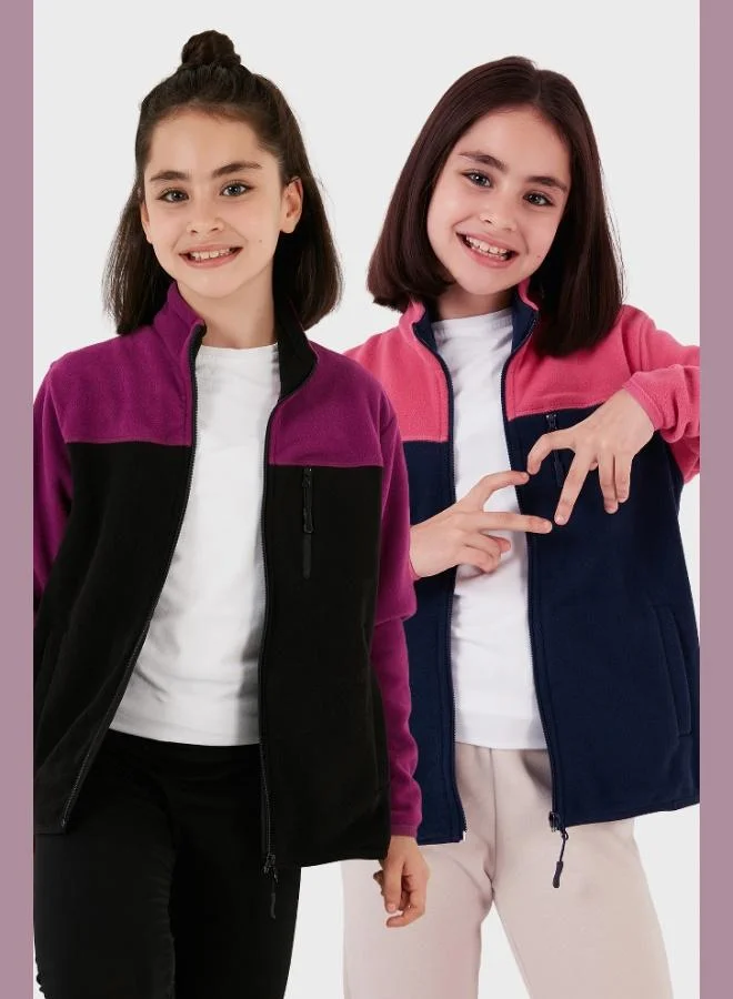 Lela Lela Soft Texture Zippered Color Block Stand Collar Pocket 2-Pack Cardigan Polar Kids POLAR 5905001S2