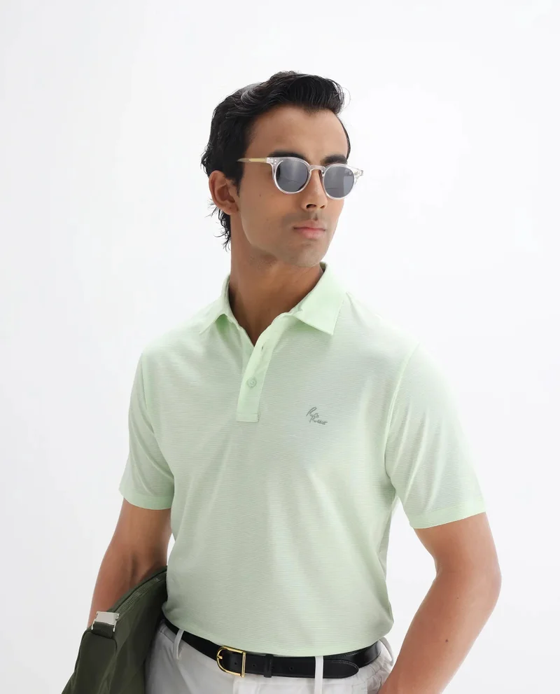 Rare Rabbit Rare Rabbit Men's Tunas Light Green Cotton Polyester Fabric Collared Neck Half Sleeves Striped Polo T-Shirt