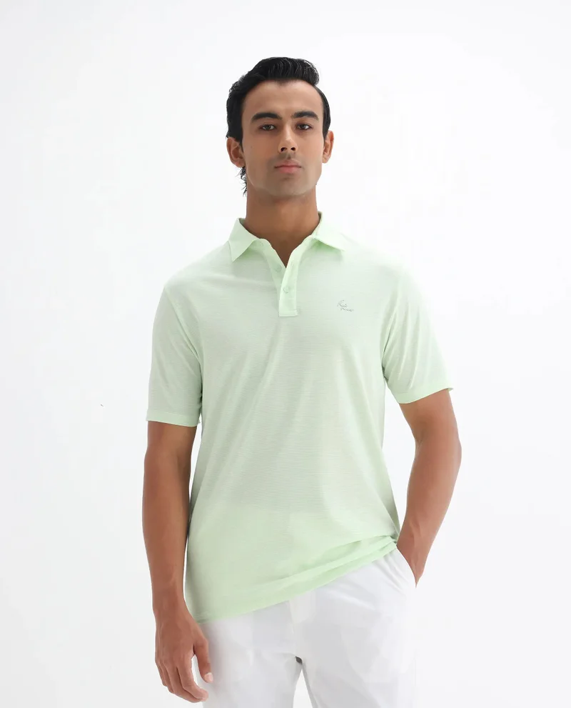 Rare Rabbit Rare Rabbit Men's Tunas Light Green Cotton Polyester Fabric Collared Neck Half Sleeves Striped Polo T-Shirt