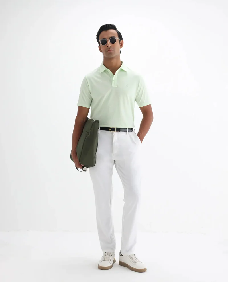 Rare Rabbit Rare Rabbit Men's Tunas Light Green Cotton Polyester Fabric Collared Neck Half Sleeves Striped Polo T-Shirt