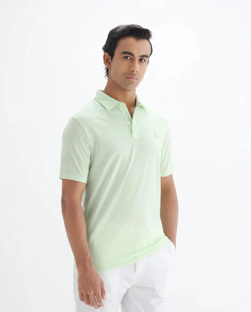 Rare Rabbit Rare Rabbit Men's Tunas Light Green Cotton Polyester Fabric Collared Neck Half Sleeves Striped Polo T-Shirt