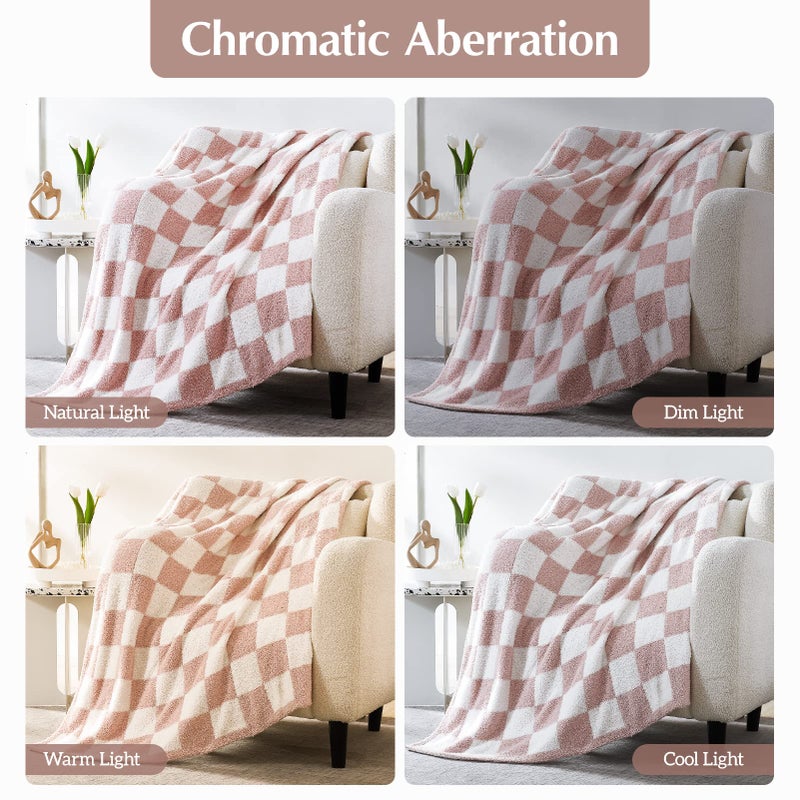 WRENSONGE Checkered Throw Blanket, Pink Soft Cozy Fluffy Warm Hand Made Throw Blankets for Couch, Sofa, Chair, Bed, Camping, Picnic, Travel Lightweight Bed Blankets for Women Mothers Birthday Gifts - Image 3