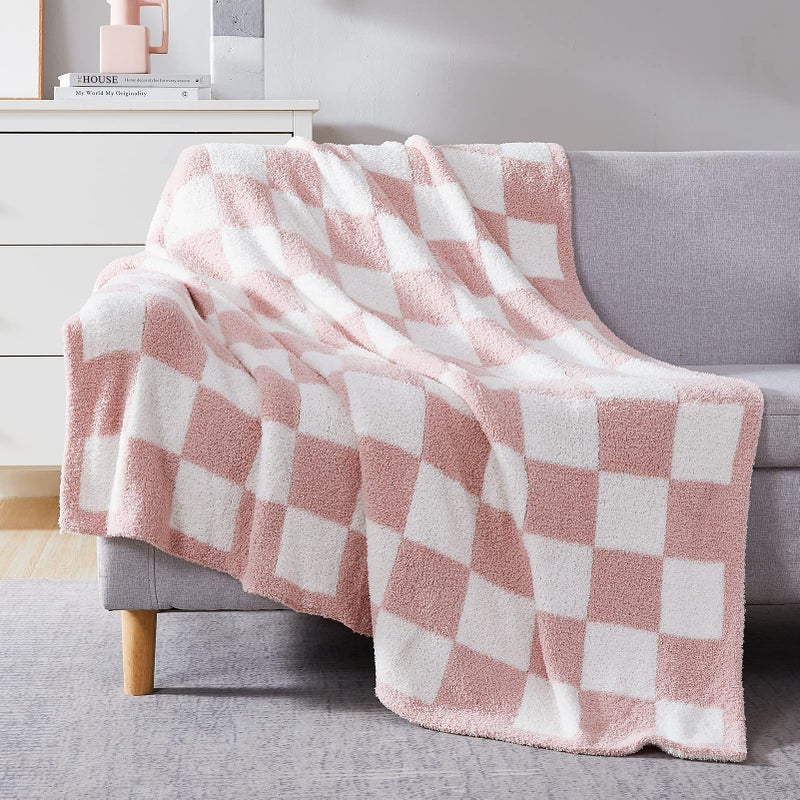 WRENSONGE Checkered Throw Blanket, Pink Soft Cozy Fluffy Warm Hand Made Throw Blankets for Couch, Sofa, Chair, Bed, Camping, Picnic, Travel Lightweight Bed Blankets for Women Mothers Birthday Gifts - Image 1