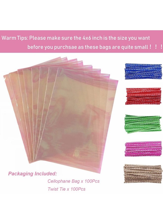 Morepack Valentine'S Day Iridescent Holographic Cellophane Treat Bags4X6 Inch Party Favor Cookie Bags With 5 Colors Twist Ties For Baby Showers Weddings Birthday Party100Pcs  - Image 2