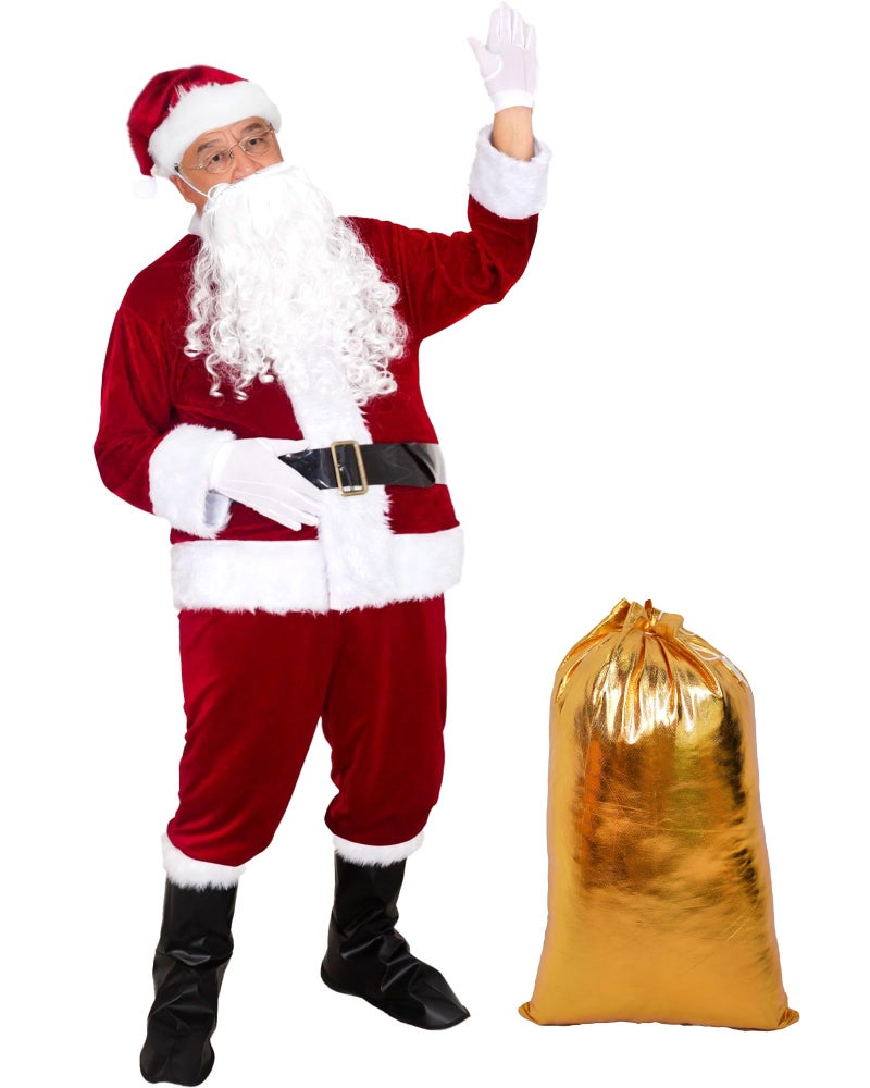 UDYR Christmas Santa Claus Costume Suit for Adult Men Deluxe Flannel Santa Outfit 9PCS (Dark Red) - Image 1