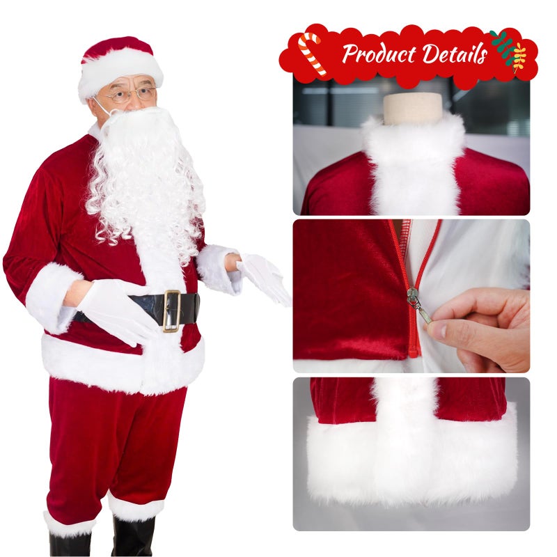 UDYR Christmas Santa Claus Costume Suit for Adult Men Deluxe Flannel Santa Outfit 9PCS (Dark Red) - Image 3