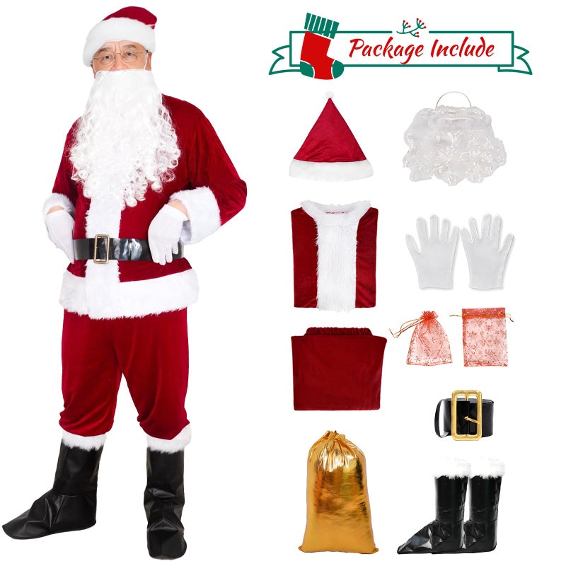UDYR Christmas Santa Claus Costume Suit for Adult Men Deluxe Flannel Santa Outfit 9PCS (Dark Red) - Image 2