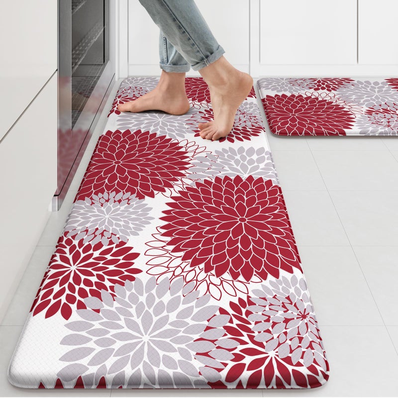 Collive Anti Fatigue Kitchen Mats for Floor 2PCS,17"x47"+17"x29" Farmhouse Kitchen Rugs Non Slip Rubber Backing,Waterproof Cushioned Standing Mat for Office,Laundry,Sink,Desk,Red - Image 1