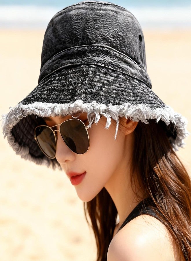 Busnos Denim Bucket Hats for Women Denim Cowboy Hats Boonie Hat for Men Trendy Cute Bucket Hat Foldable Brim Beach Cap Black Wide Brim Caps - Image 3