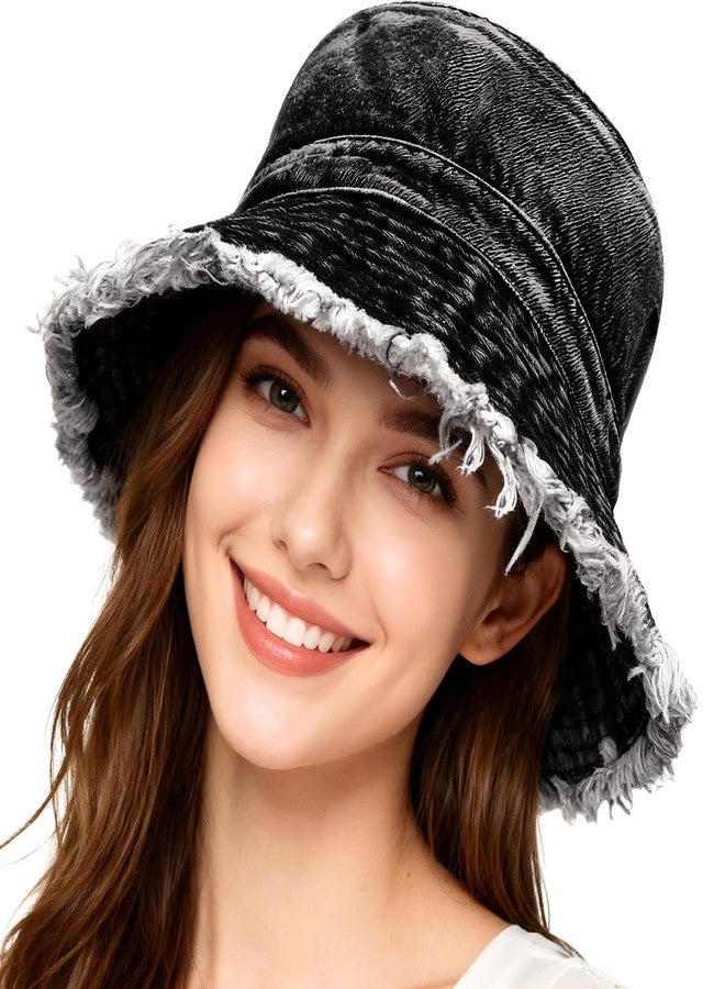 Busnos Denim Bucket Hats for Women Denim Cowboy Hats Boonie Hat for Men Trendy Cute Bucket Hat Foldable Brim Beach Cap Black Wide Brim Caps - Image 1