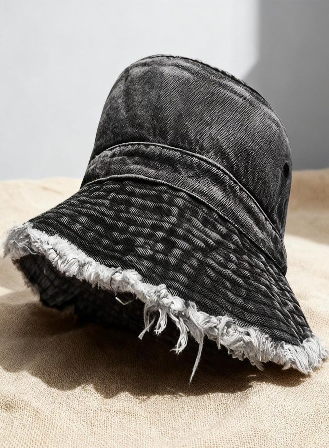 Busnos Denim Bucket Hats for Women Denim Cowboy Hats Boonie Hat for Men Trendy Cute Bucket Hat Foldable Brim Beach Cap Black Wide Brim Caps - Image 4