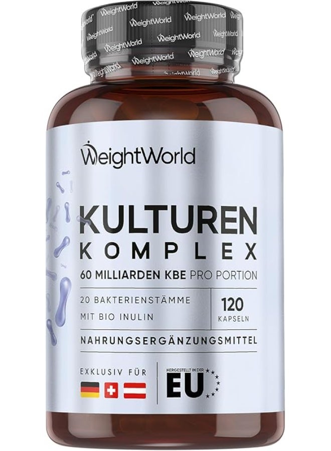 كالچر كومبلكس بروبيوتيك 60 مليار CFU – 20 سلالة مع إينولين عضوي لصحة الجهاز الهضمي والأمعاء، 120 كبسولة نباتية، صنع في المملكة المتحدة - Image 1