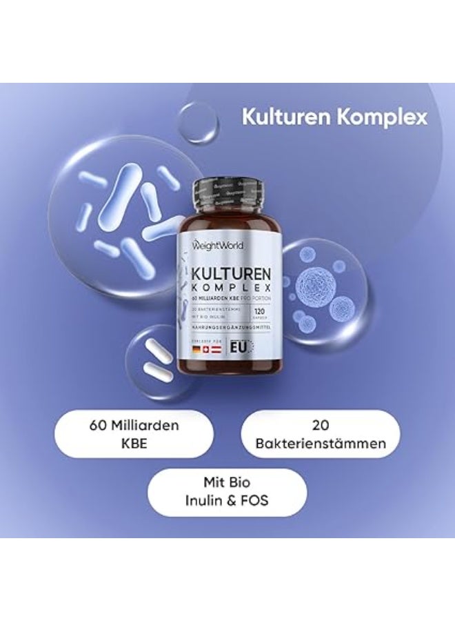 كالچر كومبلكس بروبيوتيك 60 مليار CFU – 20 سلالة مع إينولين عضوي لصحة الجهاز الهضمي والأمعاء، 120 كبسولة نباتية، صنع في المملكة المتحدة - Image 2