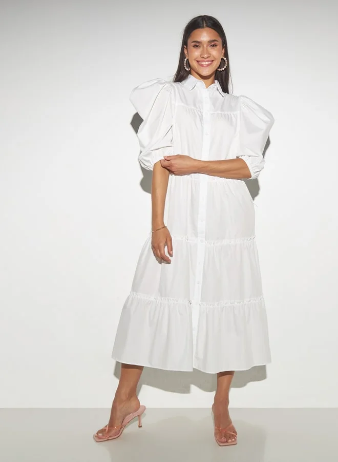 2Xtremz 2Xtremz Solid Tiered Button Through Shirt Dress with Puff Sleeves