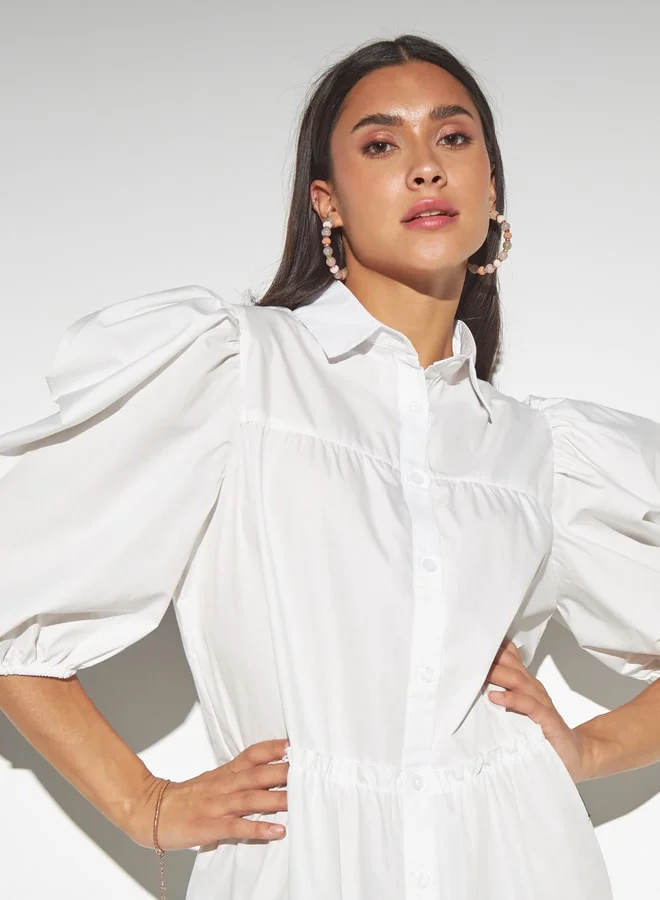 2Xtremz 2Xtremz Solid Tiered Button Through Shirt Dress with Puff Sleeves