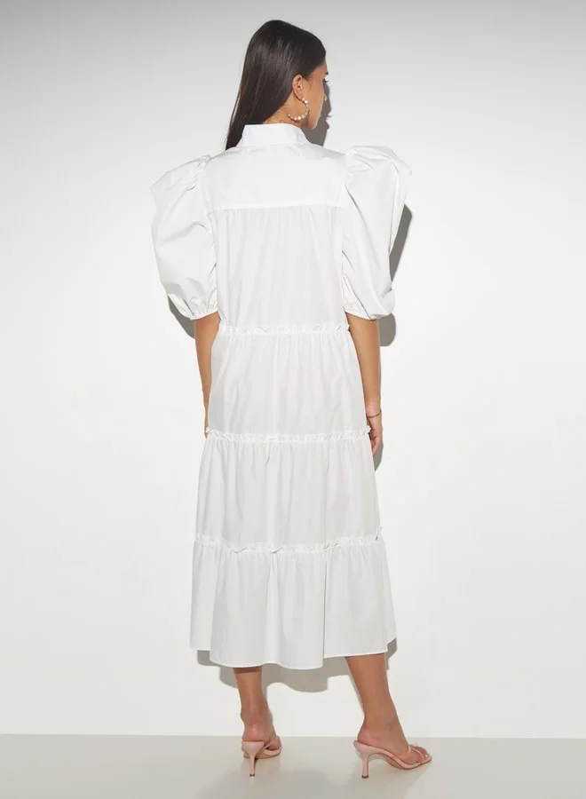 2Xtremz 2Xtremz Solid Tiered Button Through Shirt Dress with Puff Sleeves