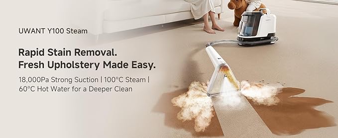 يووانت منظف ​​السجاد بالبخار UWANT Y100، بخار بدرجة حرارة 100 مئوية، ماء ساخن بدرجة حرارة 60 مئوية، قوة شفط 18500 باسكال، منظف محمول للسجاد والمفروشات، مناسب للأرائك والسيارات والمطابخ، يزيل البقع الصعبة، ضمان لمدة عام واحد - Image 3