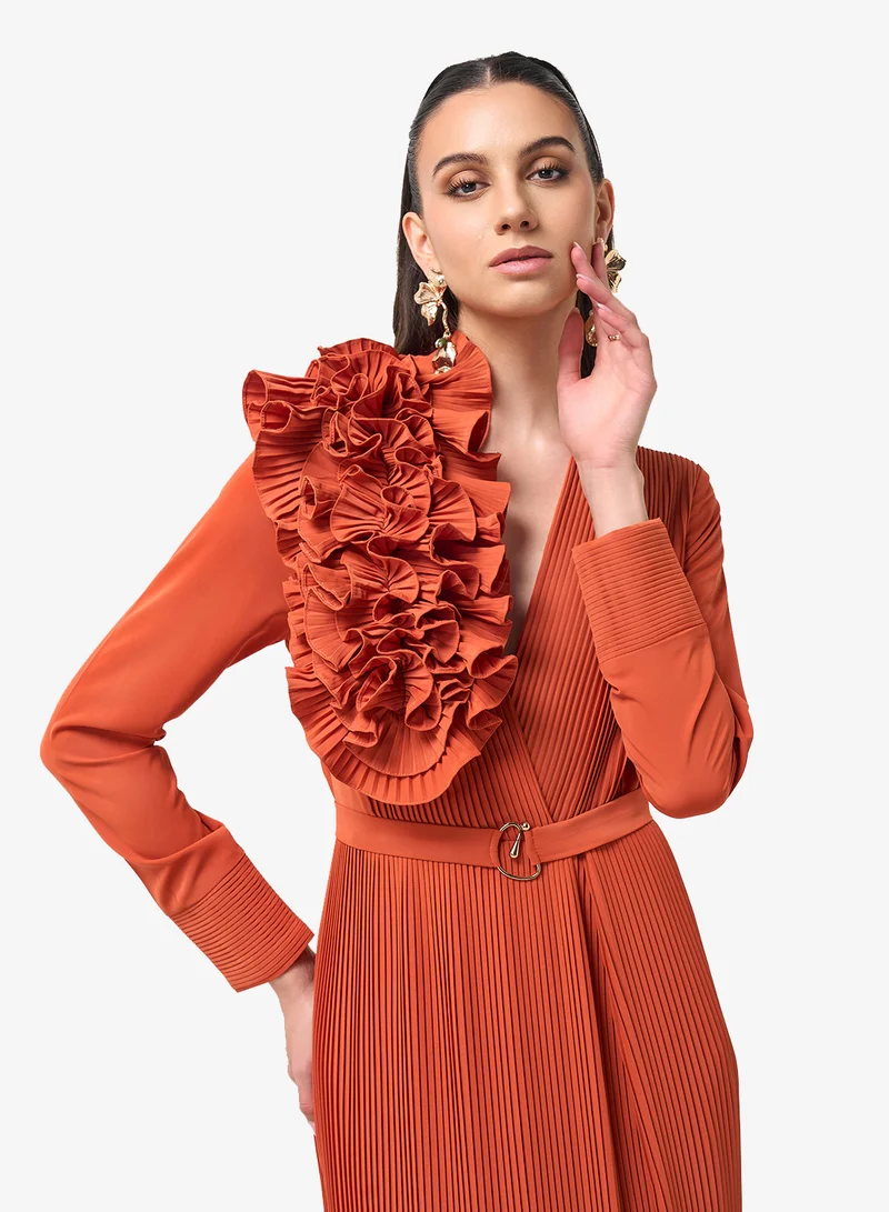 Threadz by Ajooni  Belted Long Sleeve Plunge Neck Maxi Dress for Women | Best Price UAE