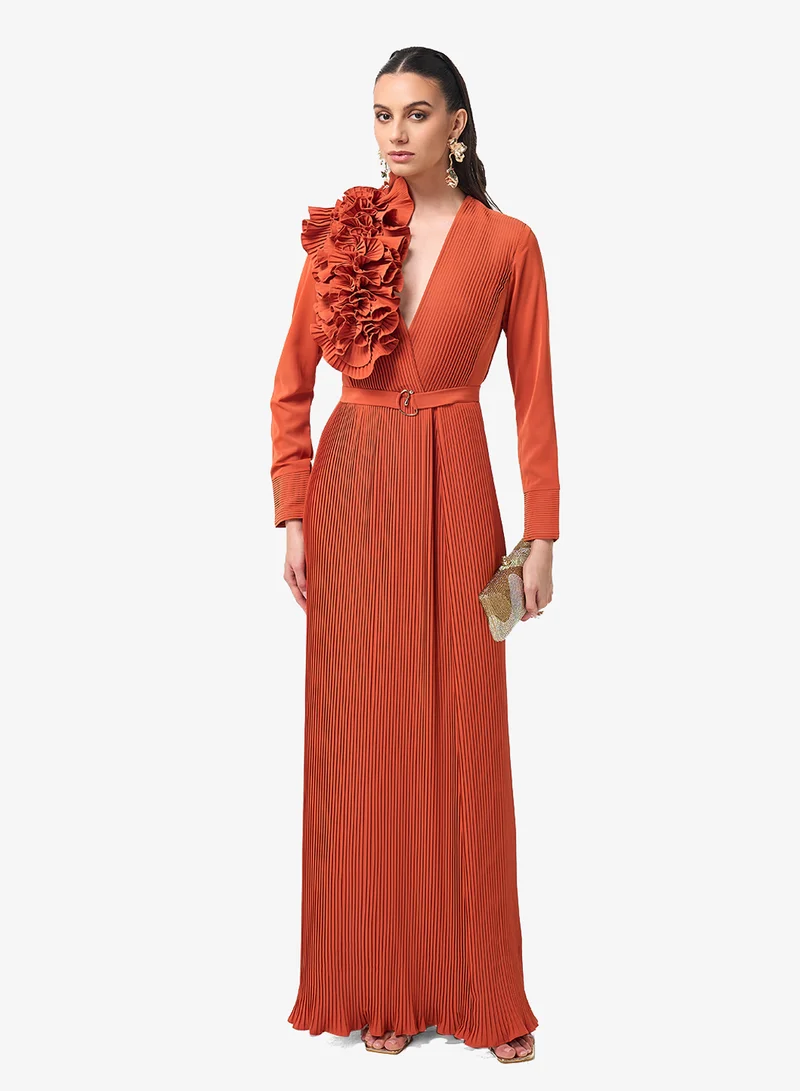 Threadz by Ajooni  Belted Long Sleeve Plunge Neck Maxi Dress for Women | Best Price UAE