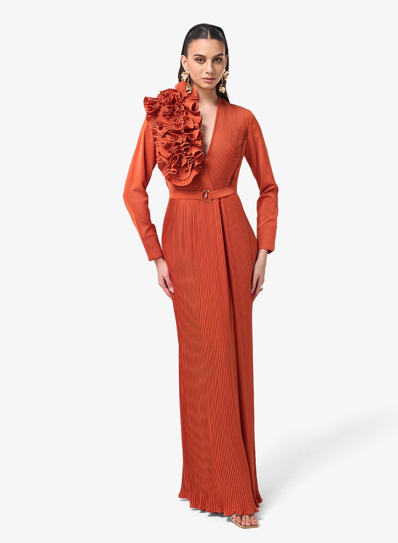 Threadz by Ajooni Belted Long Sleeve Plunge Neck Maxi Dress - Image 1