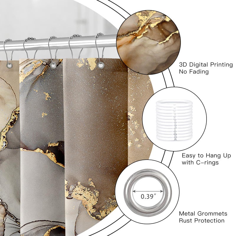 BayNook Brown Marble Shower Curtain, Modern Abstract Fabric Shower Curtain for Bathroom, Luxury Art Decor Brown Gold Ink Texture Watercolor Shower Curtain Set with Hooks 72x72 - Image 5
