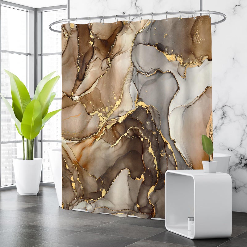 BayNook Brown Marble Shower Curtain, Modern Abstract Fabric Shower Curtain for Bathroom, Luxury Art Decor Brown Gold Ink Texture Watercolor Shower Curtain Set with Hooks 72x72 - Image 3