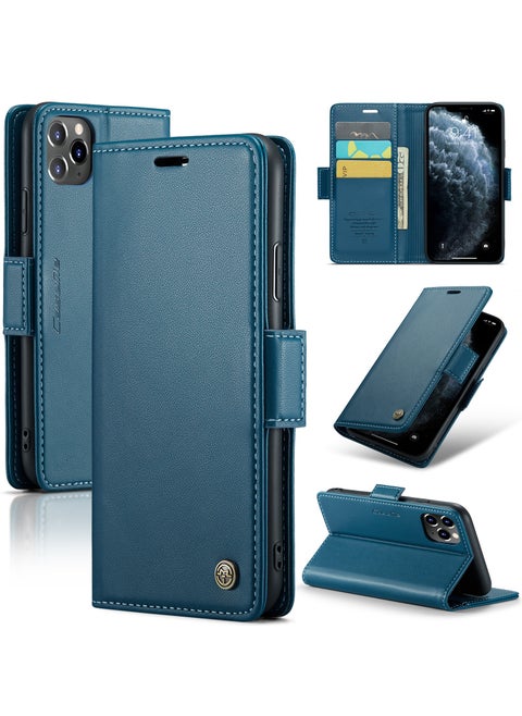 iPhone 11 Pro Max RFID Blocking Leather Flip Folio Wallet Case - Blue