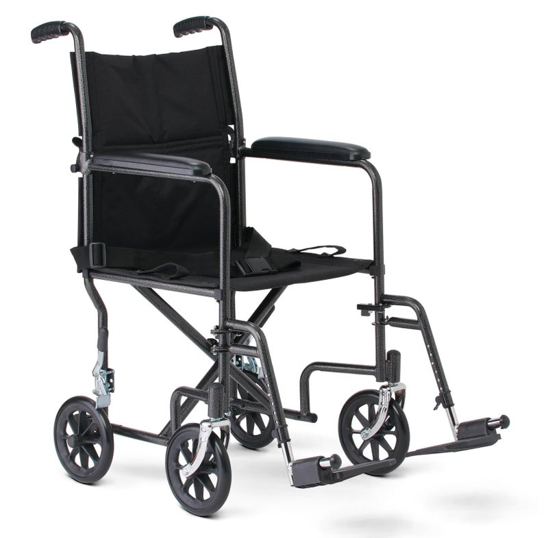 GUARDIAN Medline Durable Folding Steel Transport Wheelchair with SwingAway Footrests 19Inch Seat Width Black Frame Black Upholstery