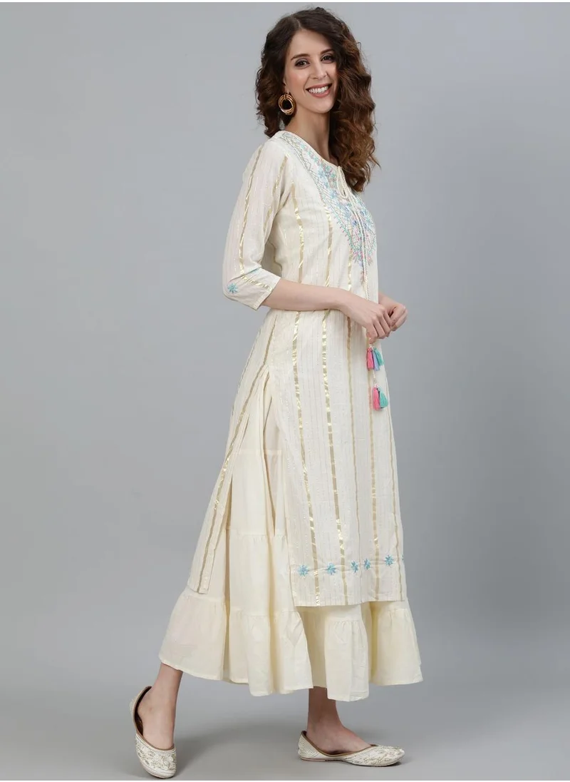 ISHIN Regular Fit Embellished Pattern Round Neck Neck Three-Quarter Sleeve Off White Colour Knitted Cotton Kurtis for Women - Designed with Style and Comfort