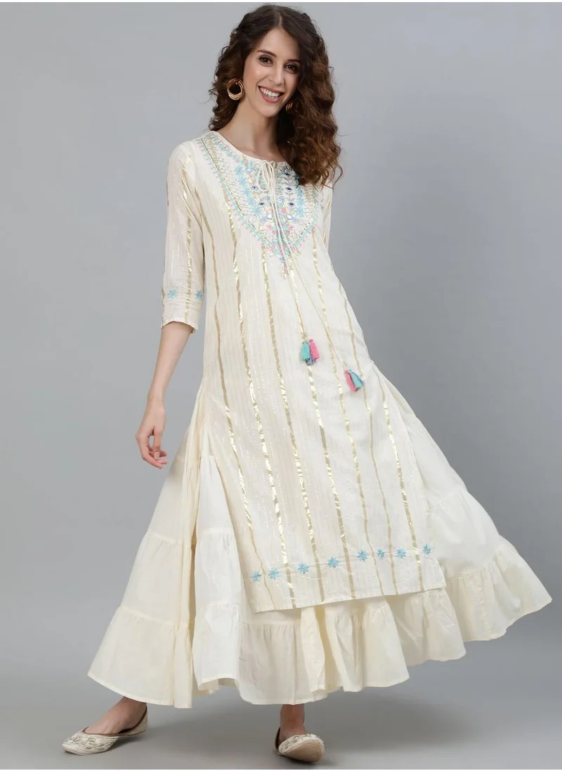 ISHIN Regular Fit Embellished Pattern Round Neck Neck Three-Quarter Sleeve Off White Colour Knitted Cotton Kurtis for Women - Designed with Style and Comfort