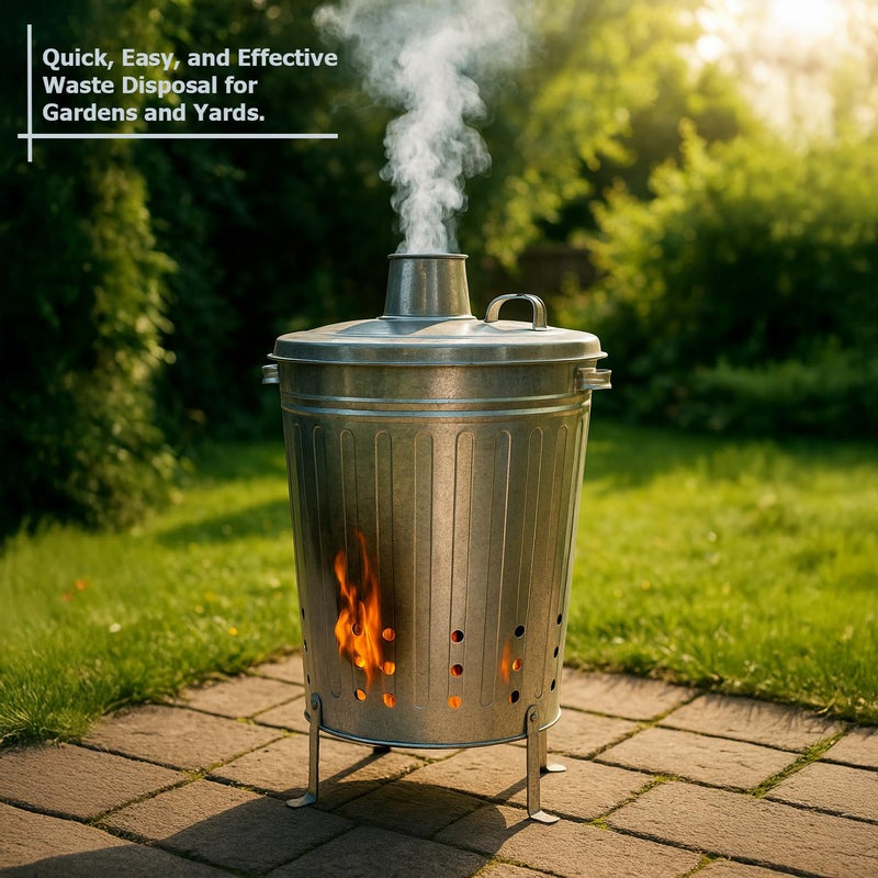 Gardenised Silver Galvanized Steel Outdoor Incinerator Can Large Garden Waste Burner Bin with Lid Ventilation Holes & Raised Legs for Yard Patio Backyard Leaves Paper and Household Debris - Image 3