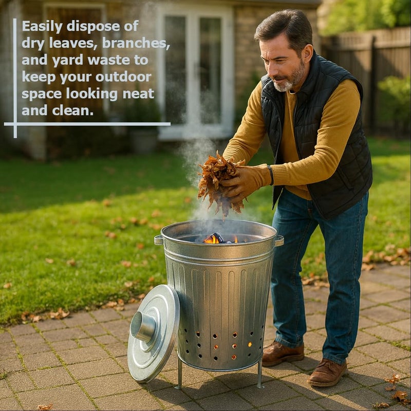 Gardenised Silver Galvanized Steel Outdoor Incinerator Can Large Garden Waste Burner Bin with Lid Ventilation Holes & Raised Legs for Yard Patio Backyard Leaves Paper and Household Debris - Image 4