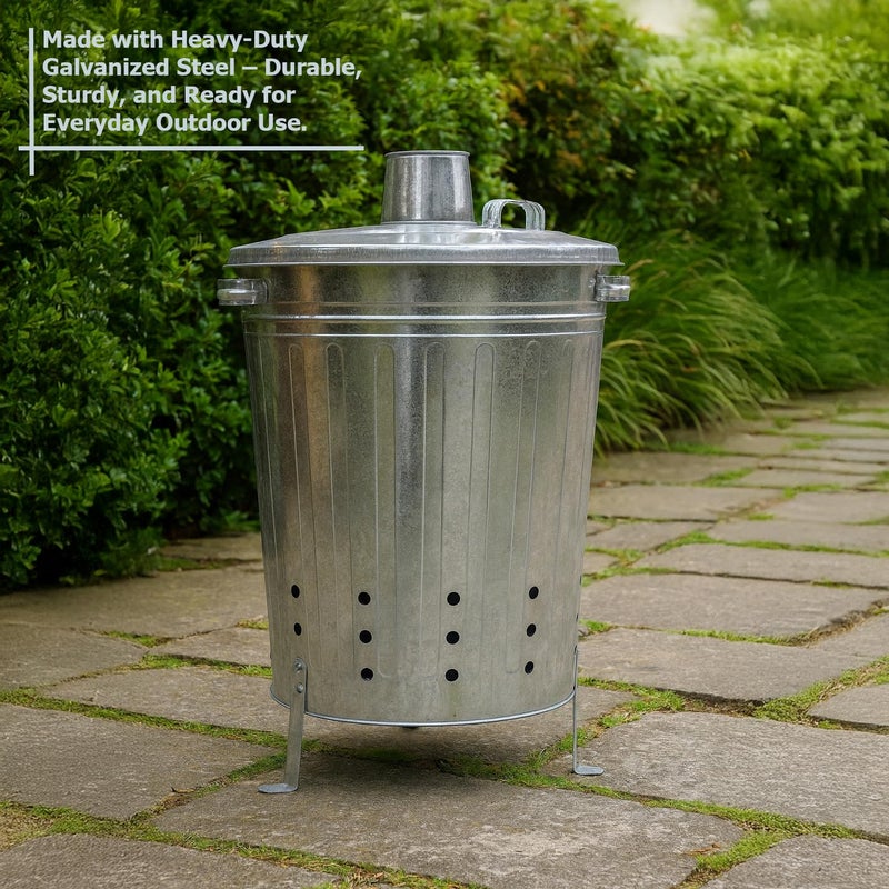 Gardenised Silver Galvanized Steel Outdoor Incinerator Can Large Garden Waste Burner Bin with Lid Ventilation Holes & Raised Legs for Yard Patio Backyard Leaves Paper and Household Debris - Image 2