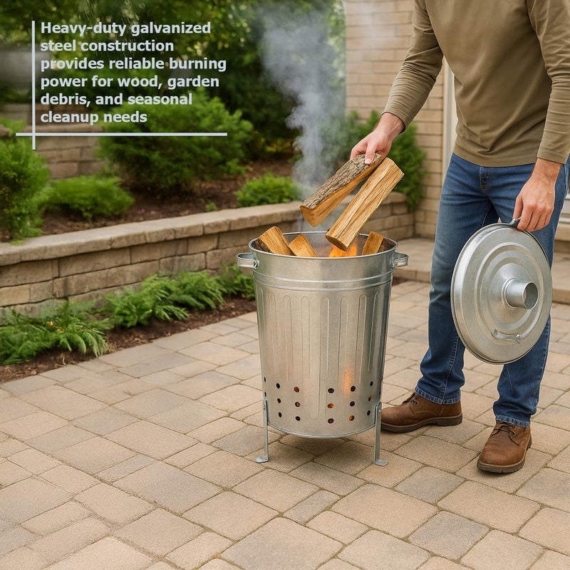 Gardenised Silver Galvanized Steel Outdoor Incinerator Can Large Garden Waste Burner Bin with Lid Ventilation Holes & Raised Legs for Yard Patio Backyard Leaves Paper and Household Debris - Image 5