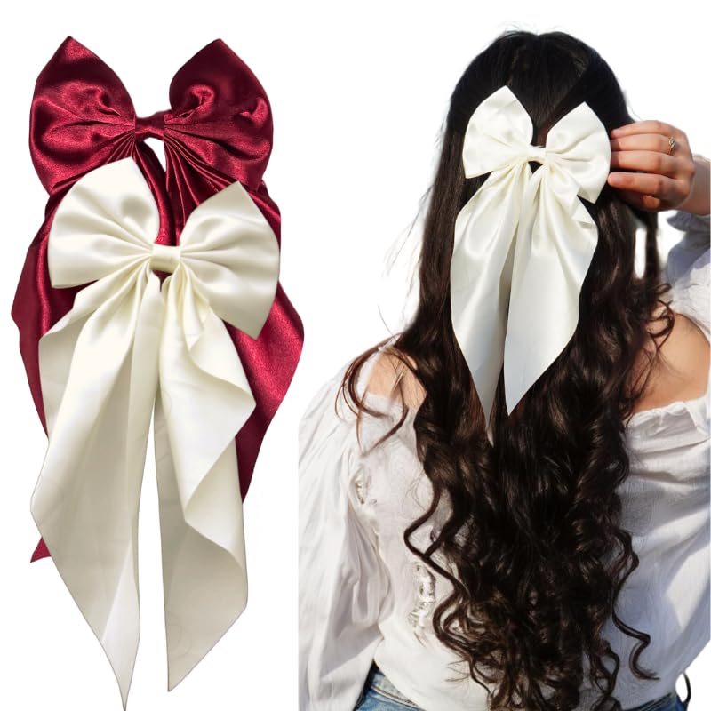 Chictresses® 2 Pack Off White and Red - Hair Bows, Bow Clips for Women - Hair Clips, Luxury Satin Hair Bow Clips for Girls, Hair Clip - Cute Hair Accessories for Girls - Image 1