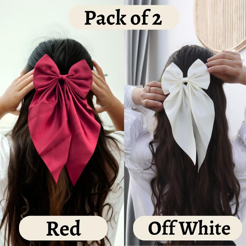 Chictresses® 2 Pack Off White and Red - Hair Bows, Bow Clips for Women - Hair Clips, Luxury Satin Hair Bow Clips for Girls, Hair Clip - Cute Hair Accessories for Girls - Image 2