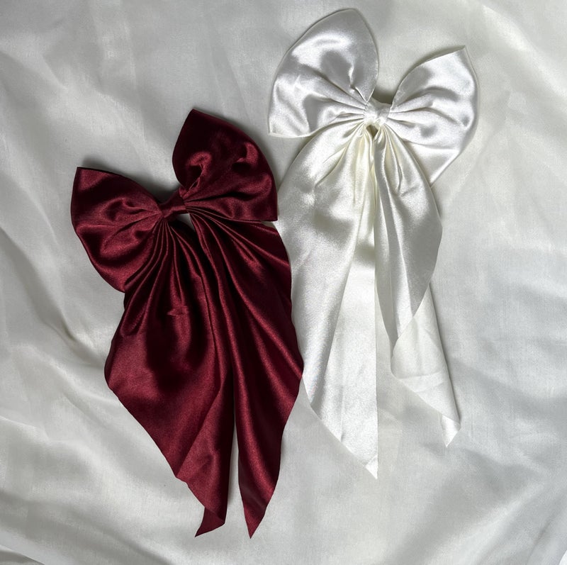 Chictresses® 2 Pack Off White and Red - Hair Bows, Bow Clips for Women - Hair Clips, Luxury Satin Hair Bow Clips for Girls, Hair Clip - Cute Hair Accessories for Girls - Image 5