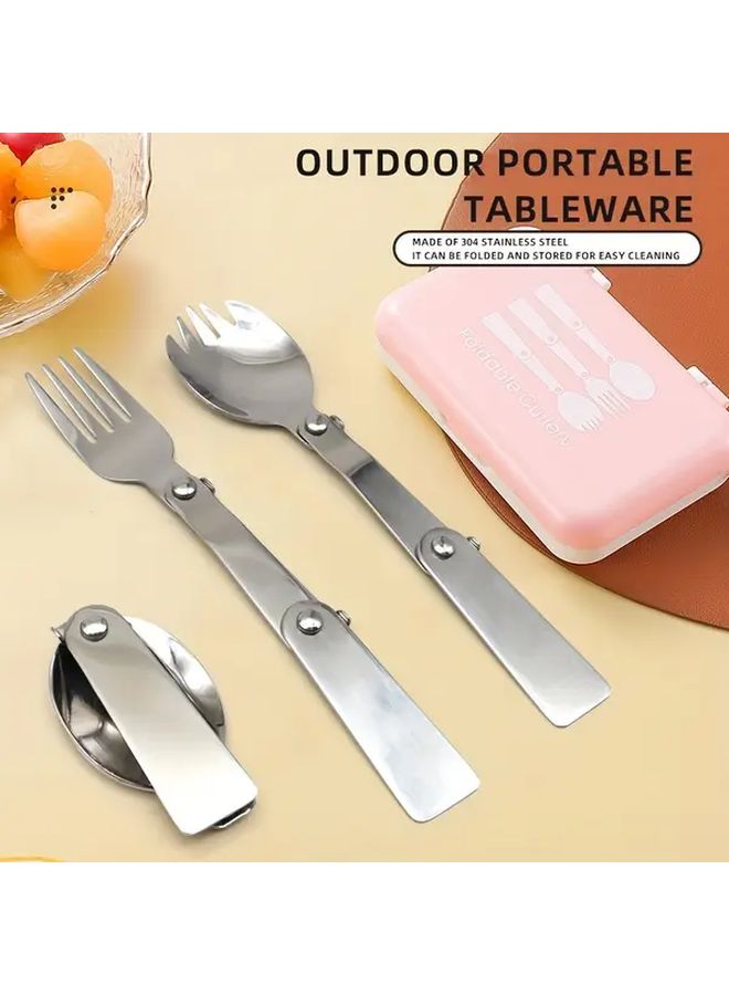 Pink 304 Stainless Steel Portable Folding Spoon And Fork Set Gift Box - Image 1