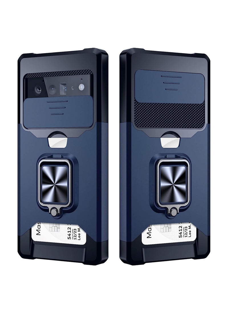 ماركة غير محددة - حافظة Google Pixel 6 Pro مع غطاء كاميرا منزلق وفتحة حامل بطاقة. جراب Google Pixel 6 Pro 5G مع دعم الشحن اللاسلكي وحافظة المحفظة مع مسند حلقة 360 درجة (أزرق) - Image 1