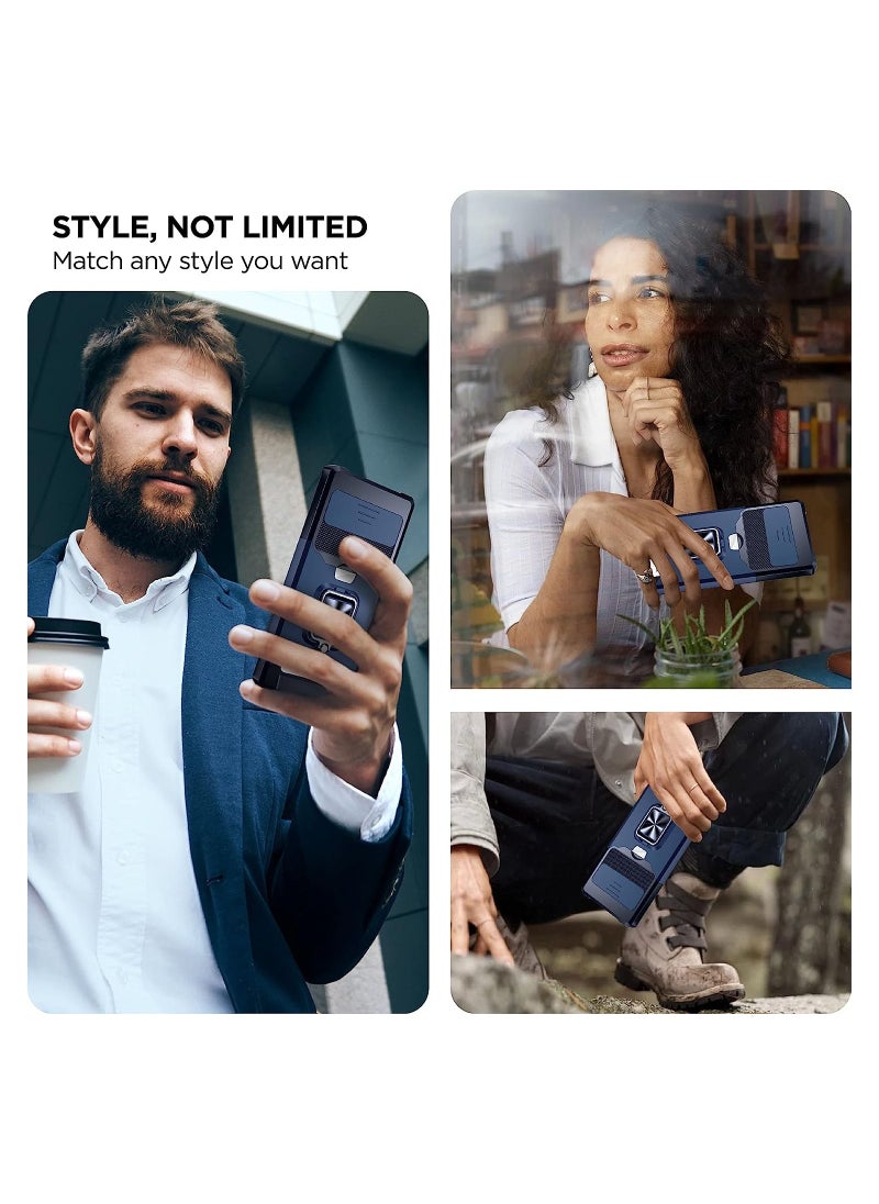 ماركة غير محددة - حافظة Google Pixel 6 Pro مع غطاء كاميرا منزلق وفتحة حامل بطاقة. جراب Google Pixel 6 Pro 5G مع دعم الشحن اللاسلكي وحافظة المحفظة مع مسند حلقة 360 درجة (أزرق) - Image 1