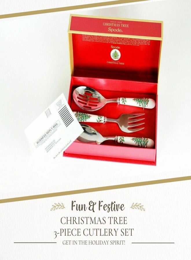 Spode Christmas Tree 3-Piece Stainless Steel Cutlery Set - Porcelain Handle Flatware with Meat Fork, Serving Spoon, & Slotted Spoon - Holiday Silverware for Christmas Dinners & Seasonal Gatherings - Image 2